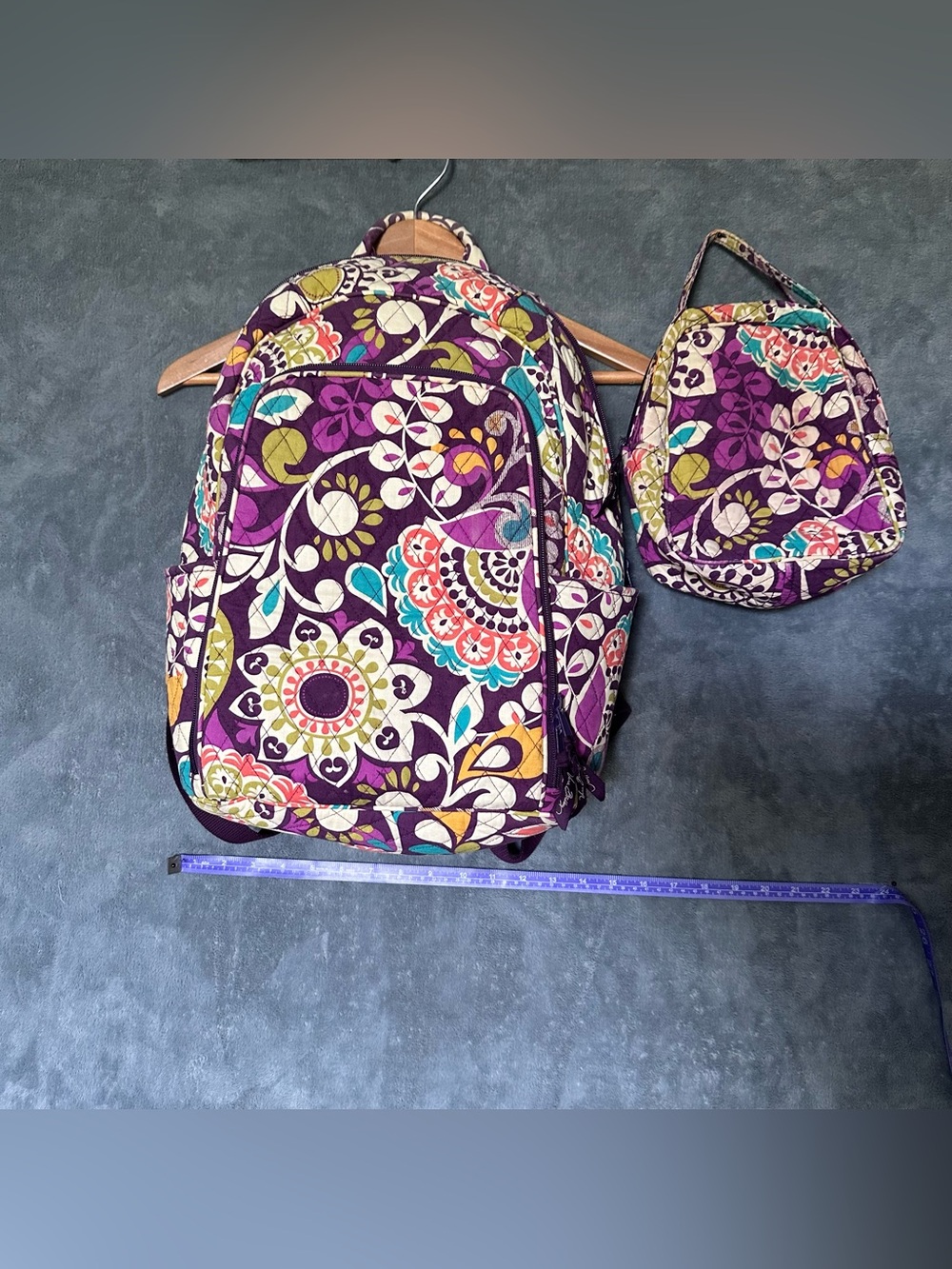 Vera Bradley Purple Plum Crazy Floral Quilted Backpack with Matching Lunch Bag
